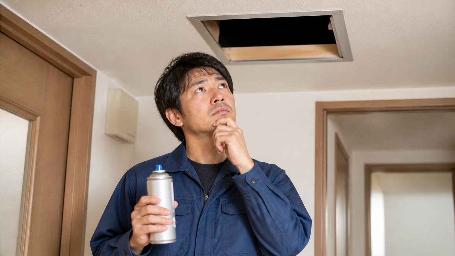 起きること、起きないこと。天井裏の点検口の下でスプレー缶を持ったまま考え込む30代男性