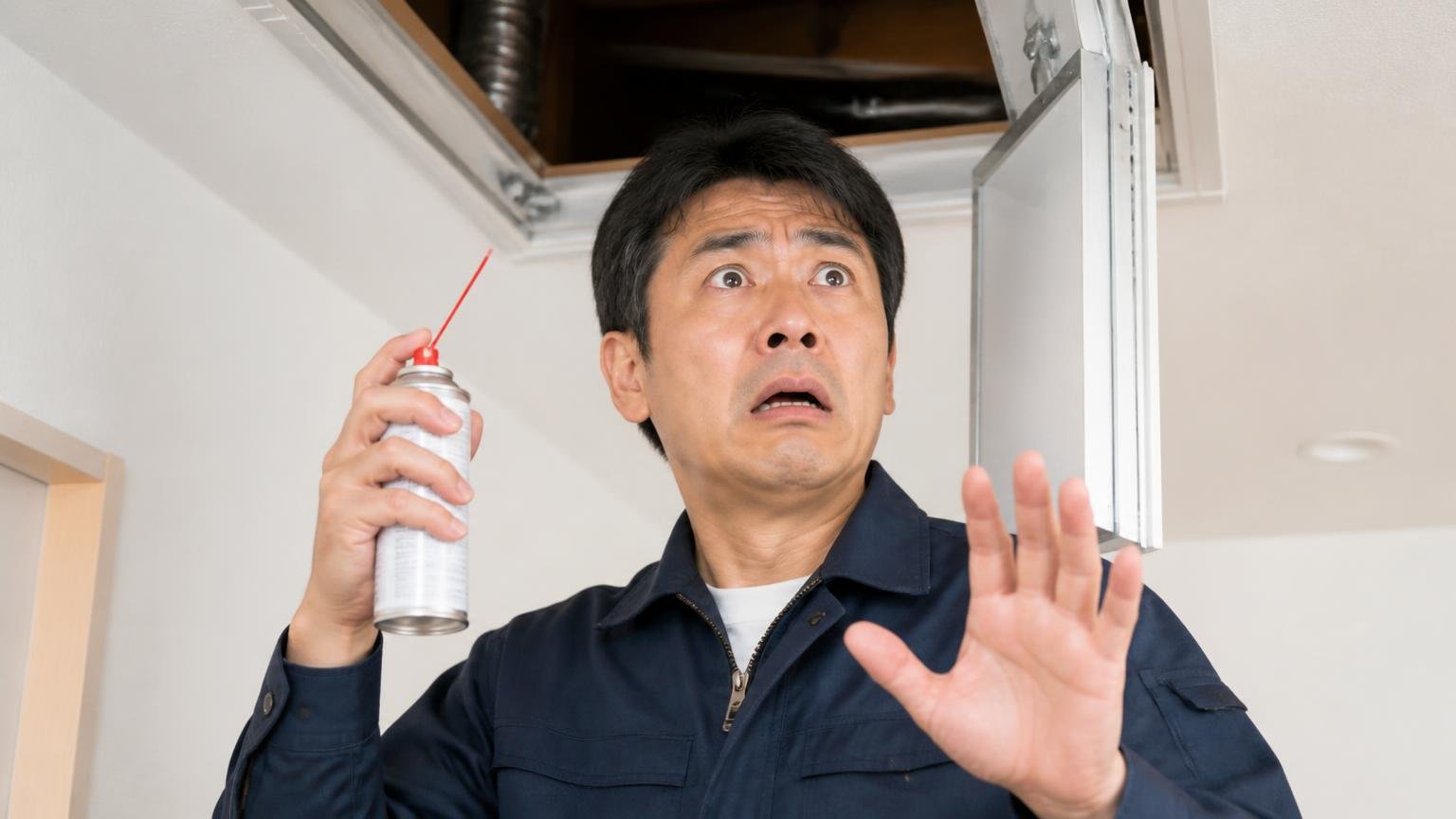 可燃性ガス入りのスプレーを閉ざされた空間に大量噴射しない|住宅の天井点検口を開けて中をのぞく|40代男性1人|スプレー缶を持つ手を止める