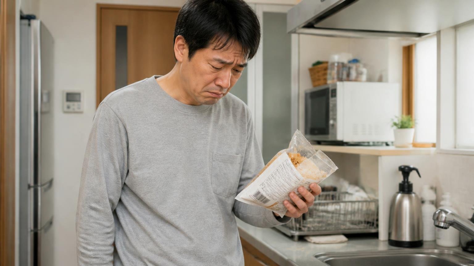 翌日また侵入されたケース 早朝の台所で40代男性がかじられた食品袋を手に肩を落とす