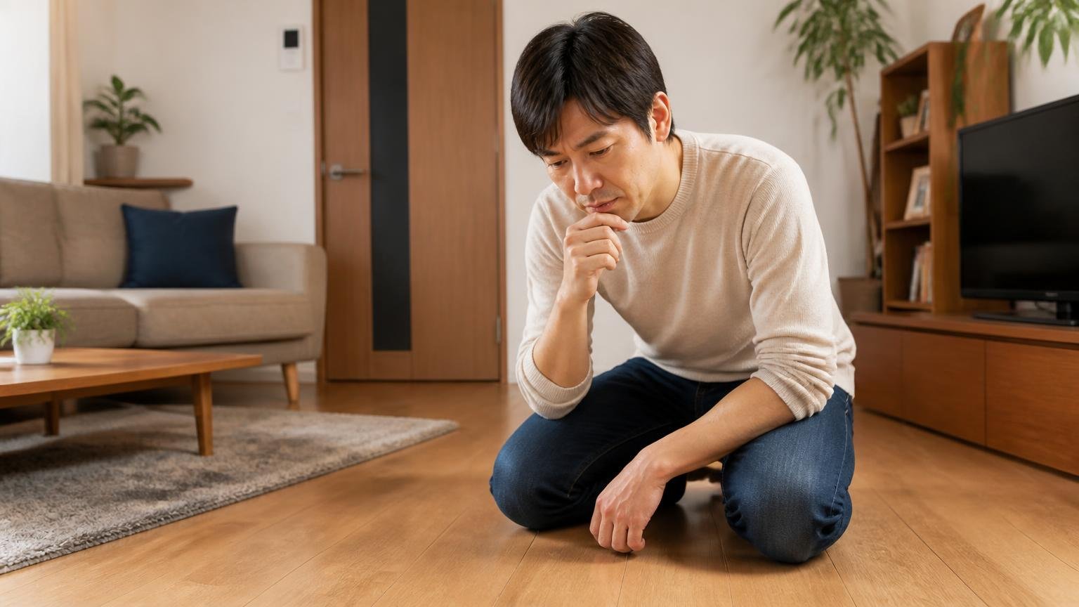 人の気配がある場所ほどふんは少なくなる。木造戸建てのリビングで床を見つめる住人1人が考え込む表情