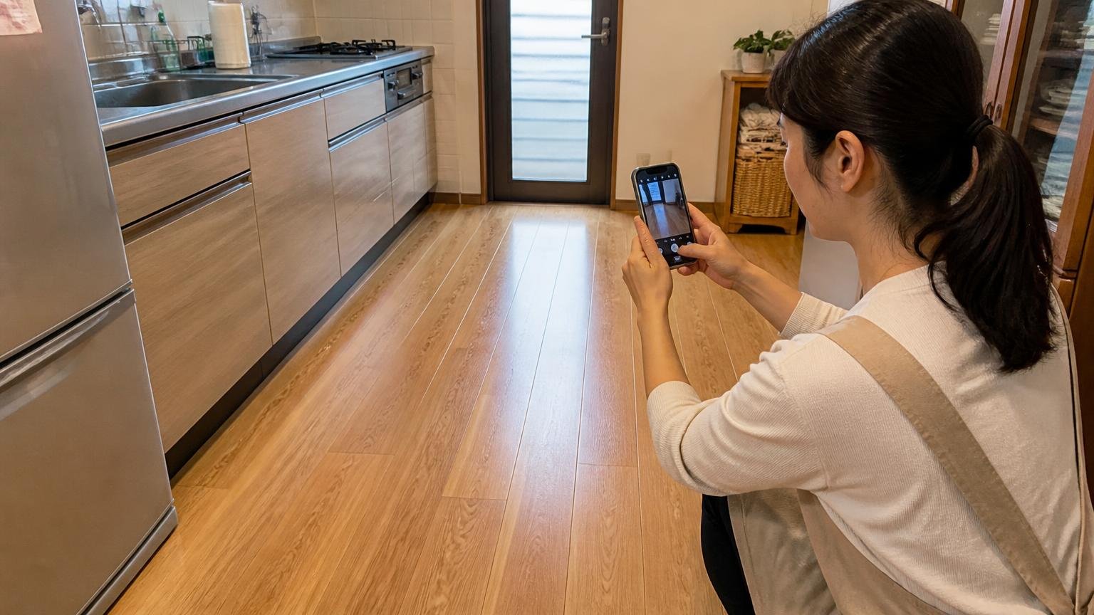 掃除して数日待つ 木造戸建ての台所の床 主婦1人 片づけた床をスマホで撮影し記録する