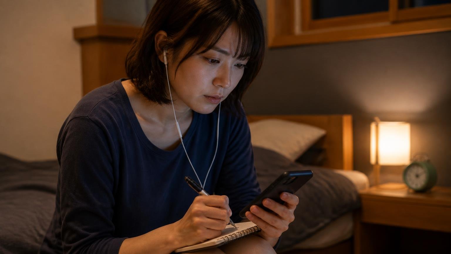 音を記録する。木造戸建ての寝室で暗い中スマホにメモを取る30代女性1人が集中した表情