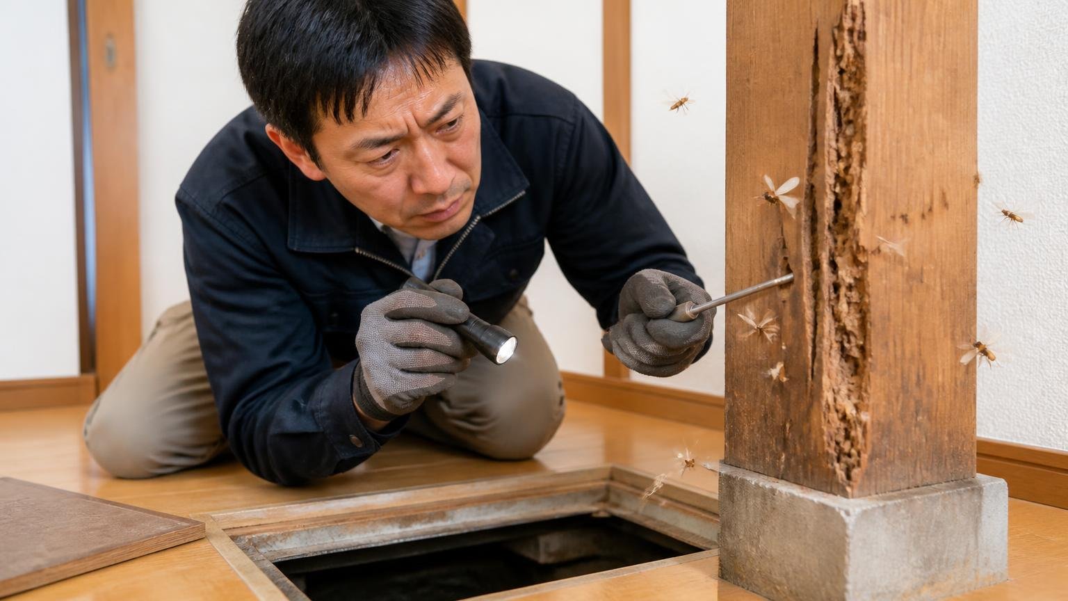 柱の空洞音と羽アリ。住宅の床下点検口付近で作業員1人が柱を叩き真剣な表情で確認する