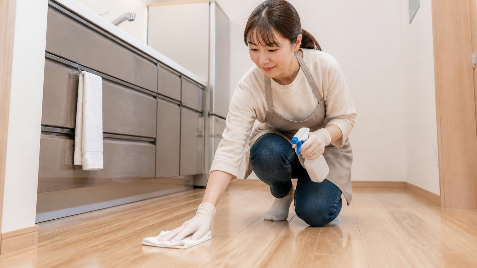 素手でさわらず拭いてアルコールで清拭する|住宅のキッチンで使い捨て手袋をして床を拭く女性1人