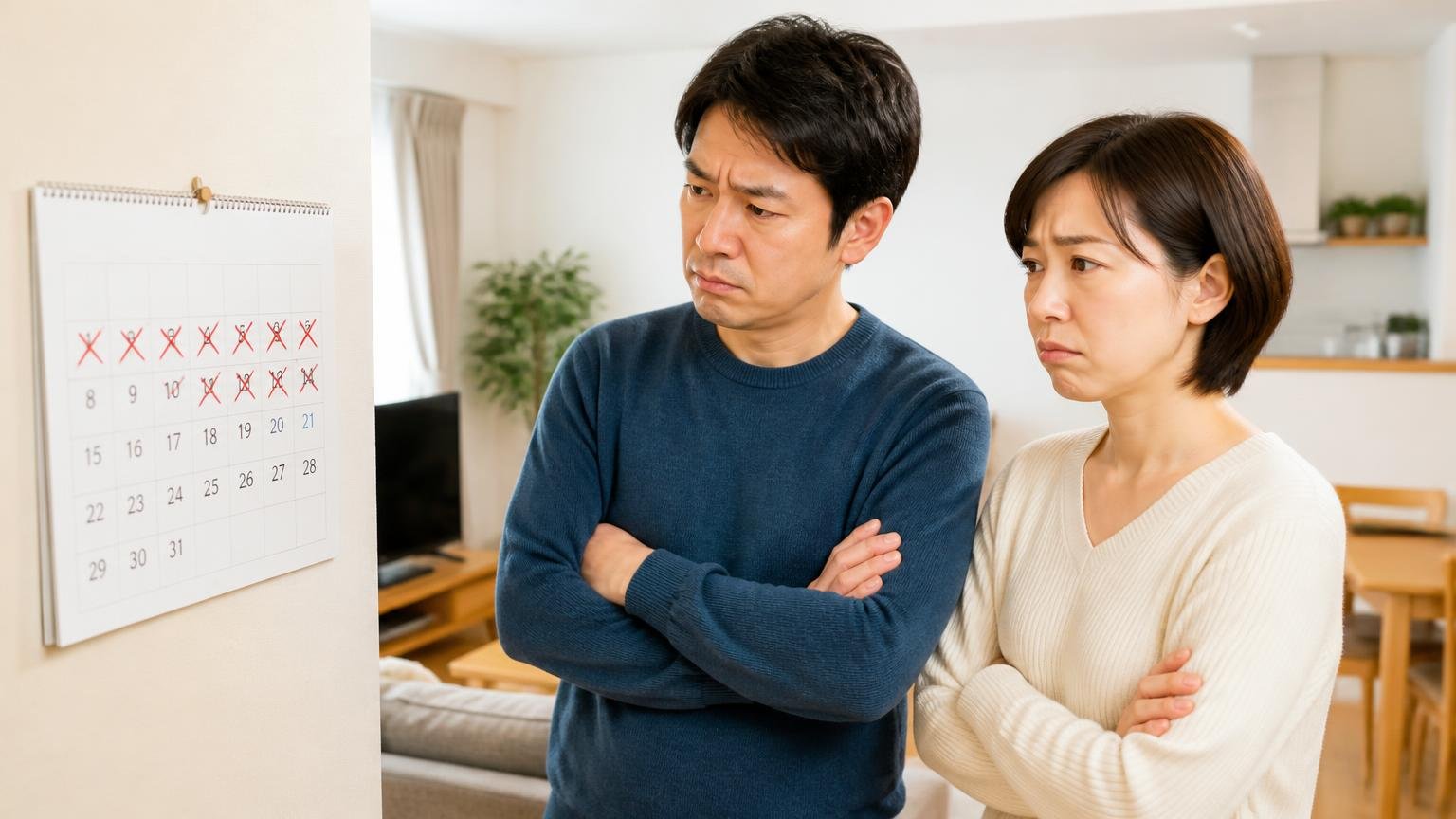 日数が足りない。戸建てのリビングでカレンダーに印を付け腕を組んで待つ夫婦2人