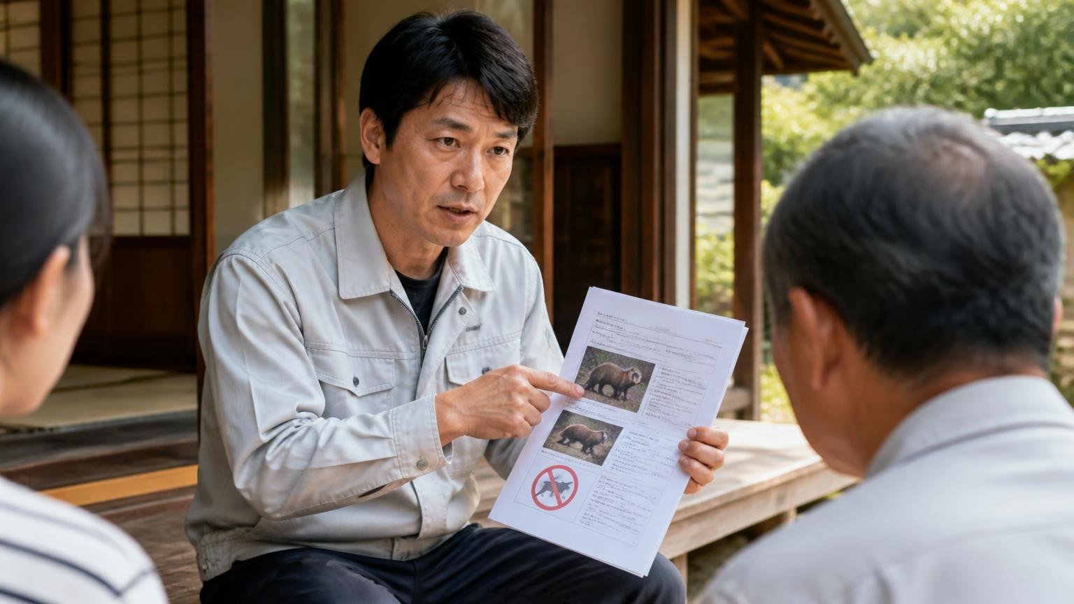 ネズミ類は法律の対象外でもイタチやハクビシンは違う。古民家の縁側で男性1人が書類を手に真剣な表情で説明