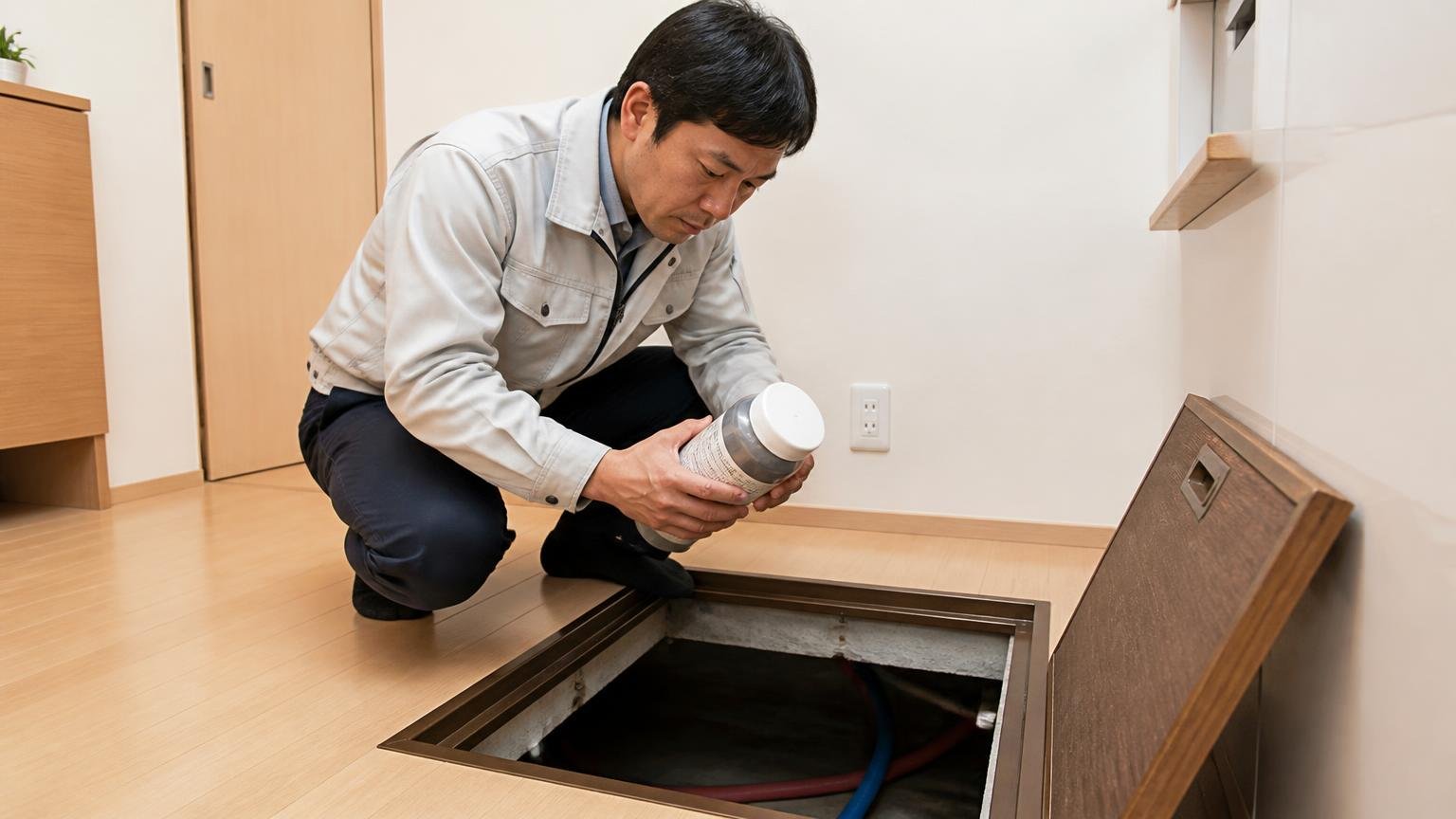 薬剤が減っているかを確認、住宅の床下点検口の前でしゃがんだ男性1人が容器を手に取りのぞき込む