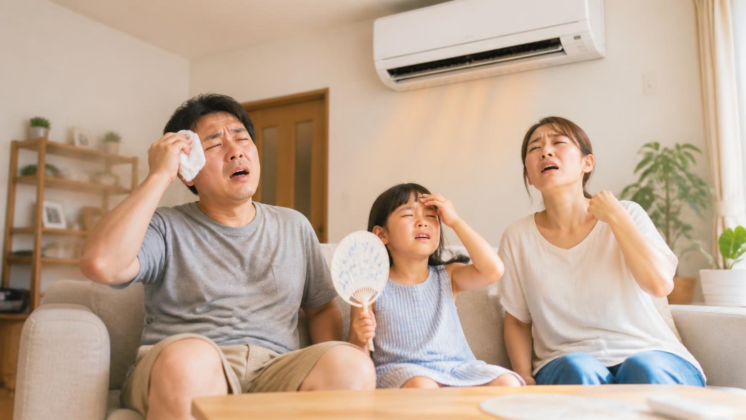 断熱性能が落ちて夏は暑く冬は寒くなる 戸建てのリビング 家族3人がエアコンの前で暑がる