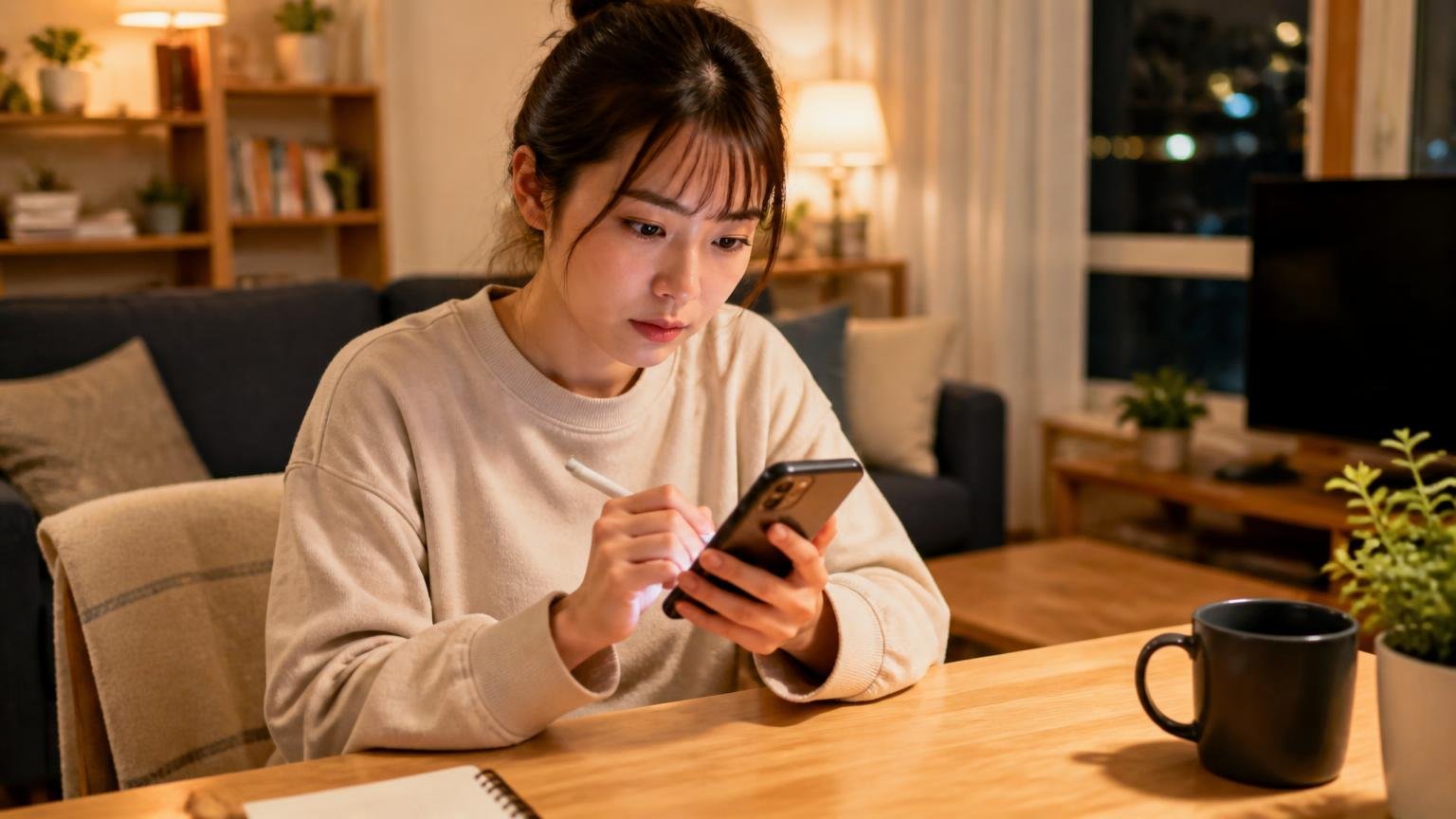 音の種類を自分の言葉で書き出す。夜のリビングで女性1人がスマホのメモに音を書き留める真剣な表情