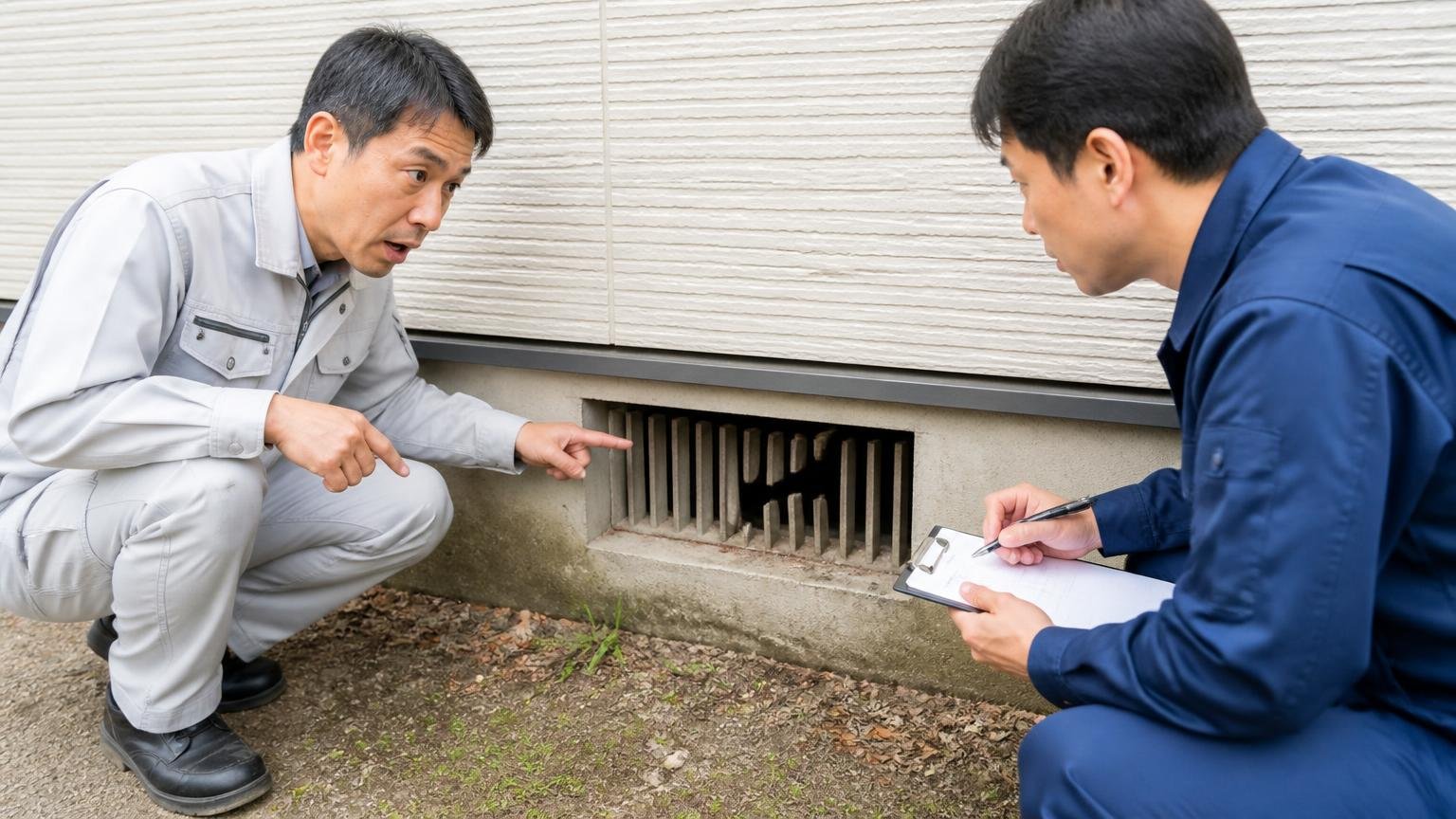屋外の侵入口一位は床下通風口。木造戸建ての外壁の足元にしゃがみ、割れた通風口を指さして話す作業員2人