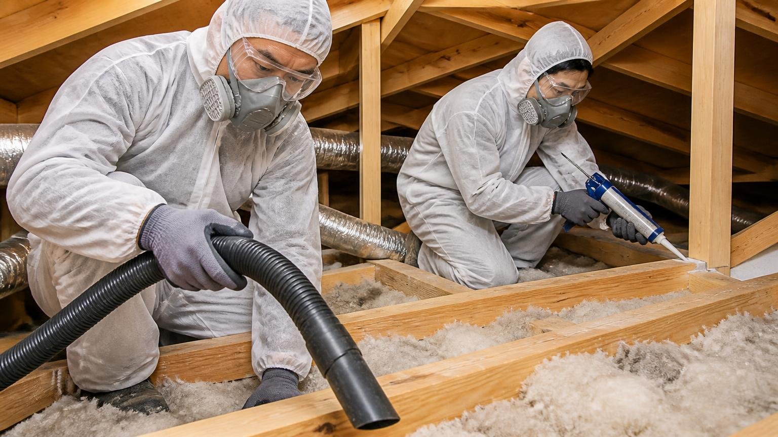 施工範囲 木造戸建ての天井裏で作業員2人が清掃と封鎖の作業をする