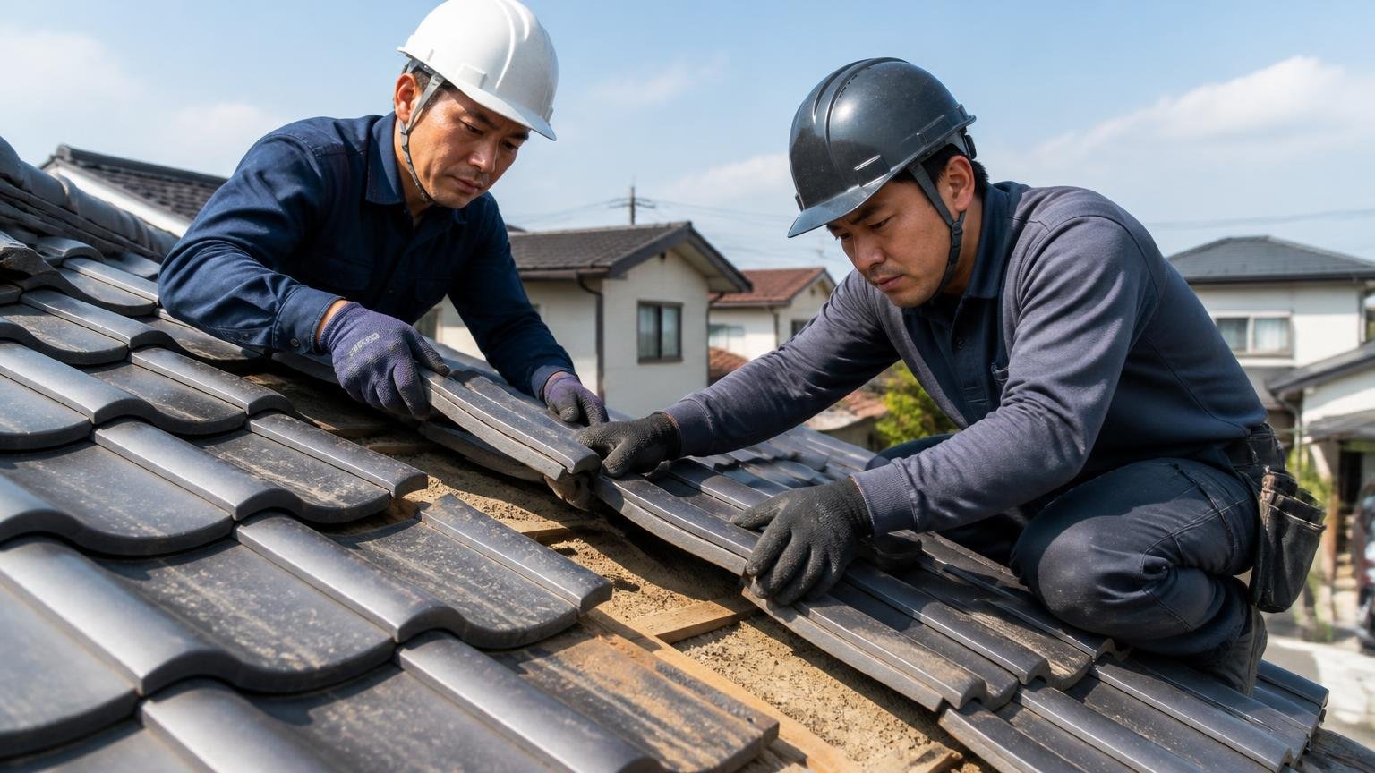 屋根に上がって住み着かせない対策。戸建ての屋根の上で作業着の男性2人が瓦をめくり真剣な表情