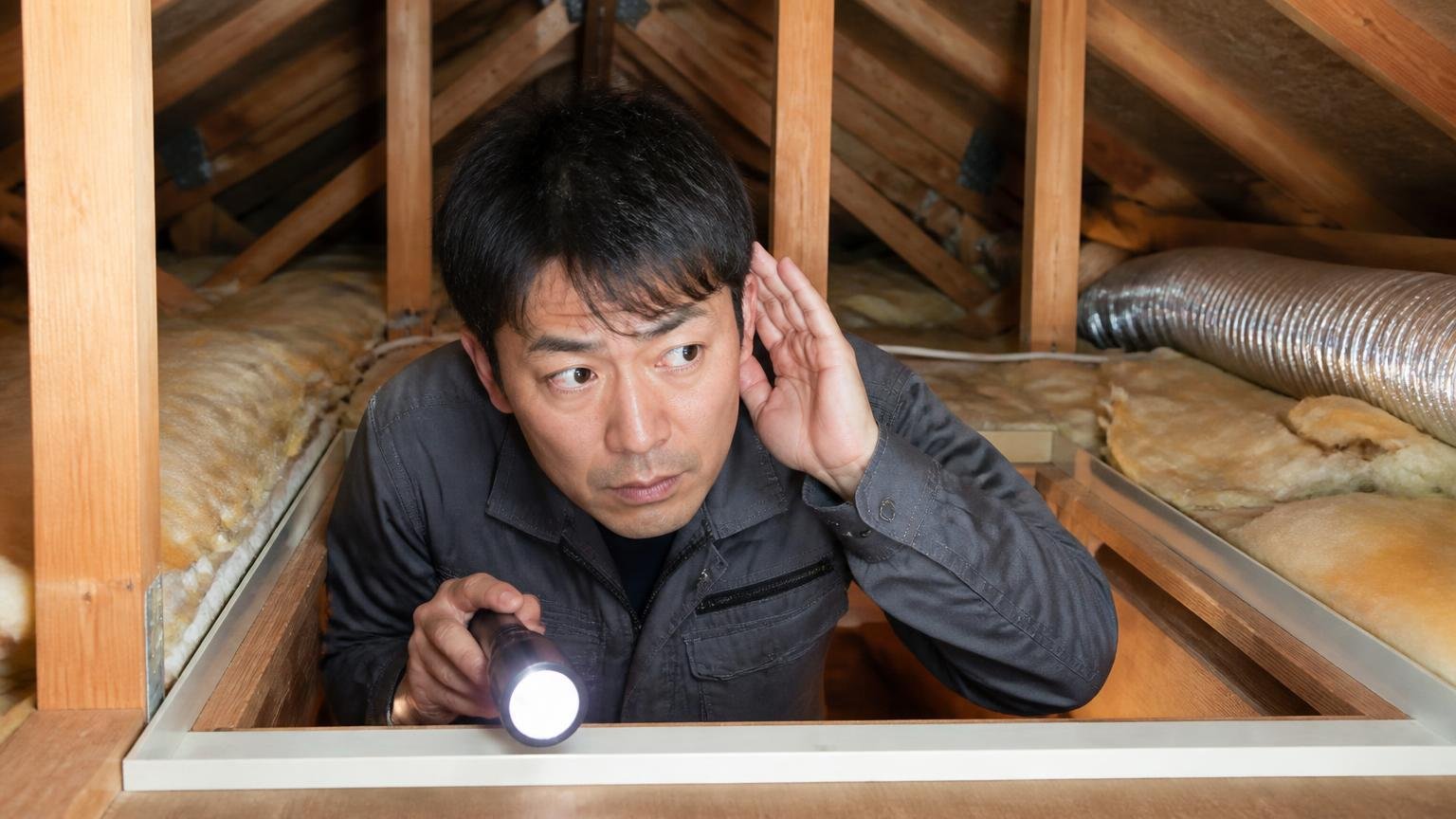 屋根裏で静かになった口コミの中身|木造戸建ての天井裏の点検口で40代男性が懐中電灯を持ち耳を澄ませる