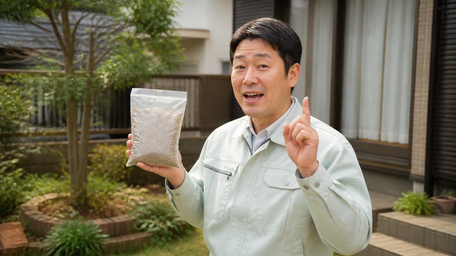 忌避剤は一時的に隣へ移動させるだけで終わりやすい|住宅の庭で忌避剤の袋を手に説明する作業服の男性1人