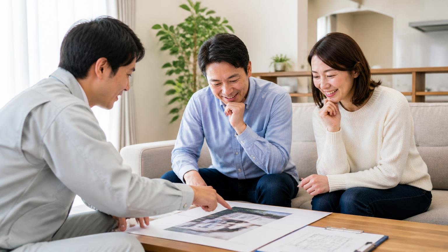 この使い方でも時間稼ぎにしかならない。リビングで作業員と打ち合わせする夫婦2人が資料を見て納得の表情