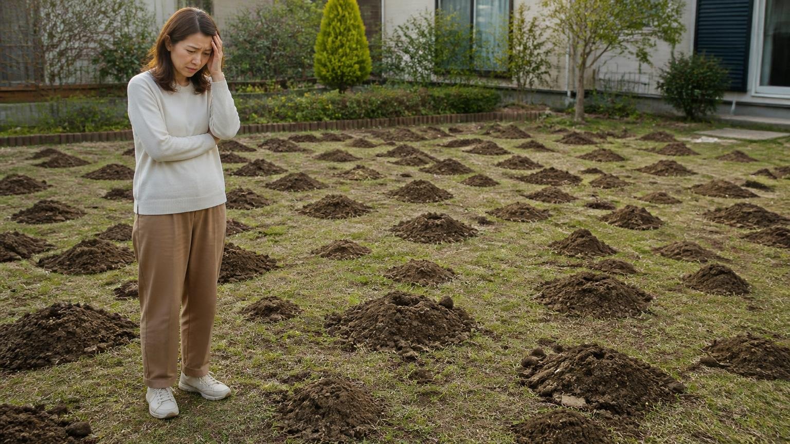向いていない庭:範囲が広くすでに実害が出ている 一面に土の山が並ぶ芝生の庭で女性1人が呆然と立つ