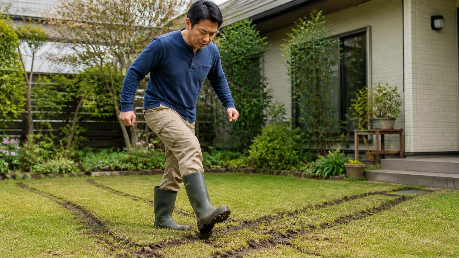 生きている通り道を見つける4ステップ、住宅の庭の芝生、男性1人、長靴で地面の筋を踏みつぶし真剣な表情