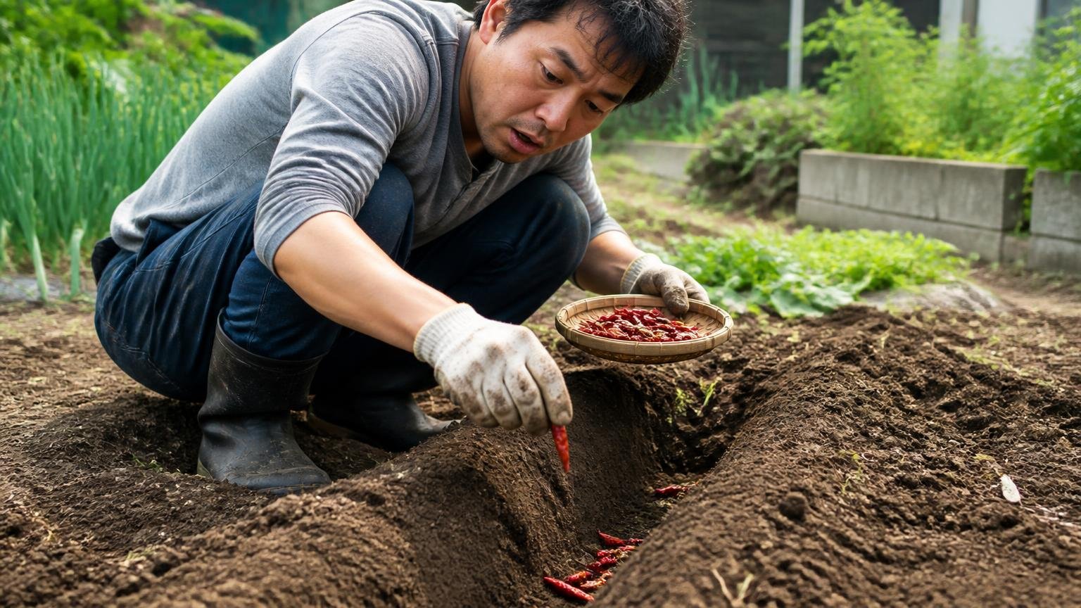 掘ってトンネルの中に唐辛子を入れる、家庭菜園の土の前で男性1人が手袋姿で鷹の爪を穴に落とす