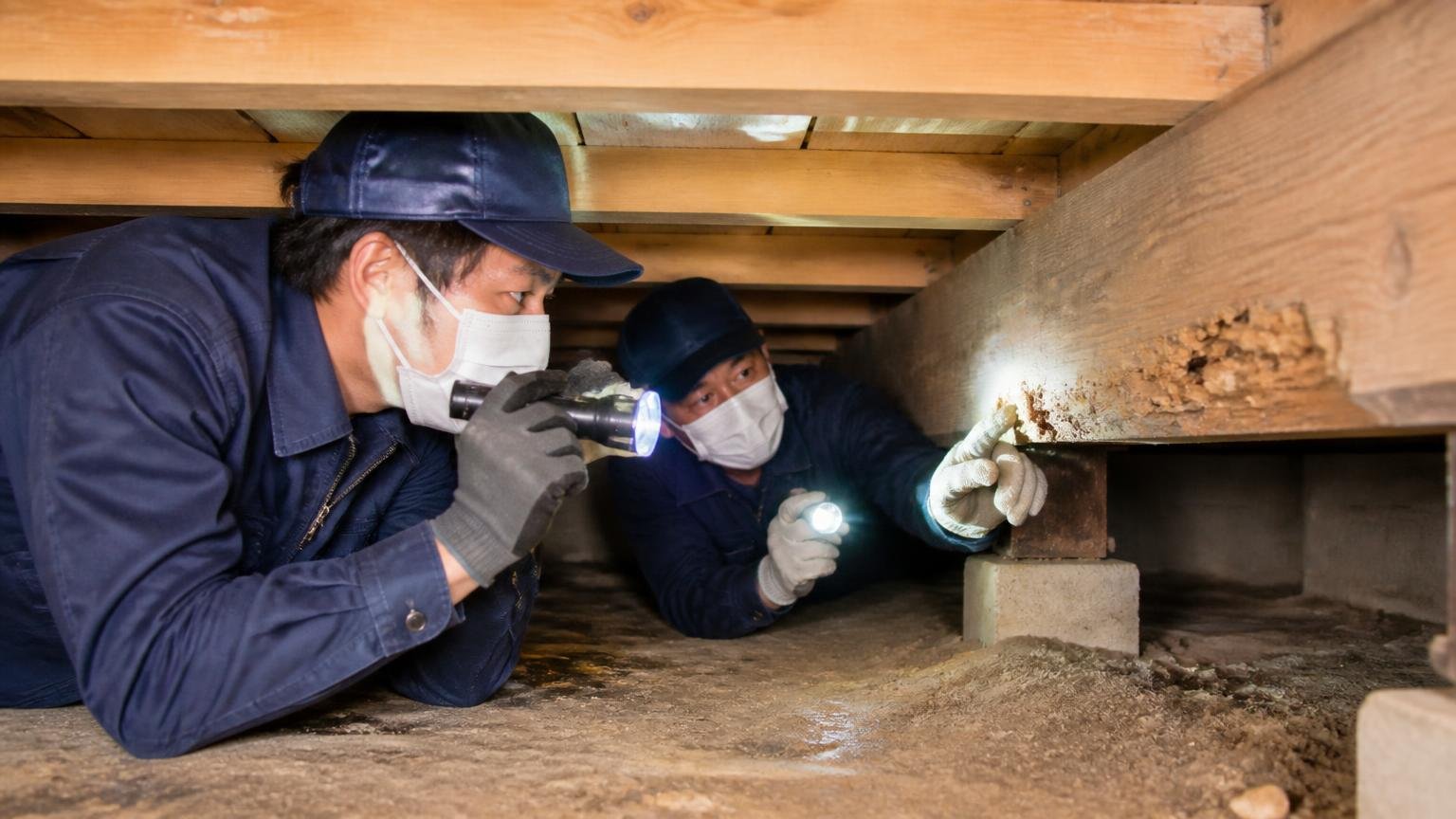 シロアリと害獣どちらの相談も来る。住宅の床下で作業員2人が懐中電灯を当てて木部を確認する