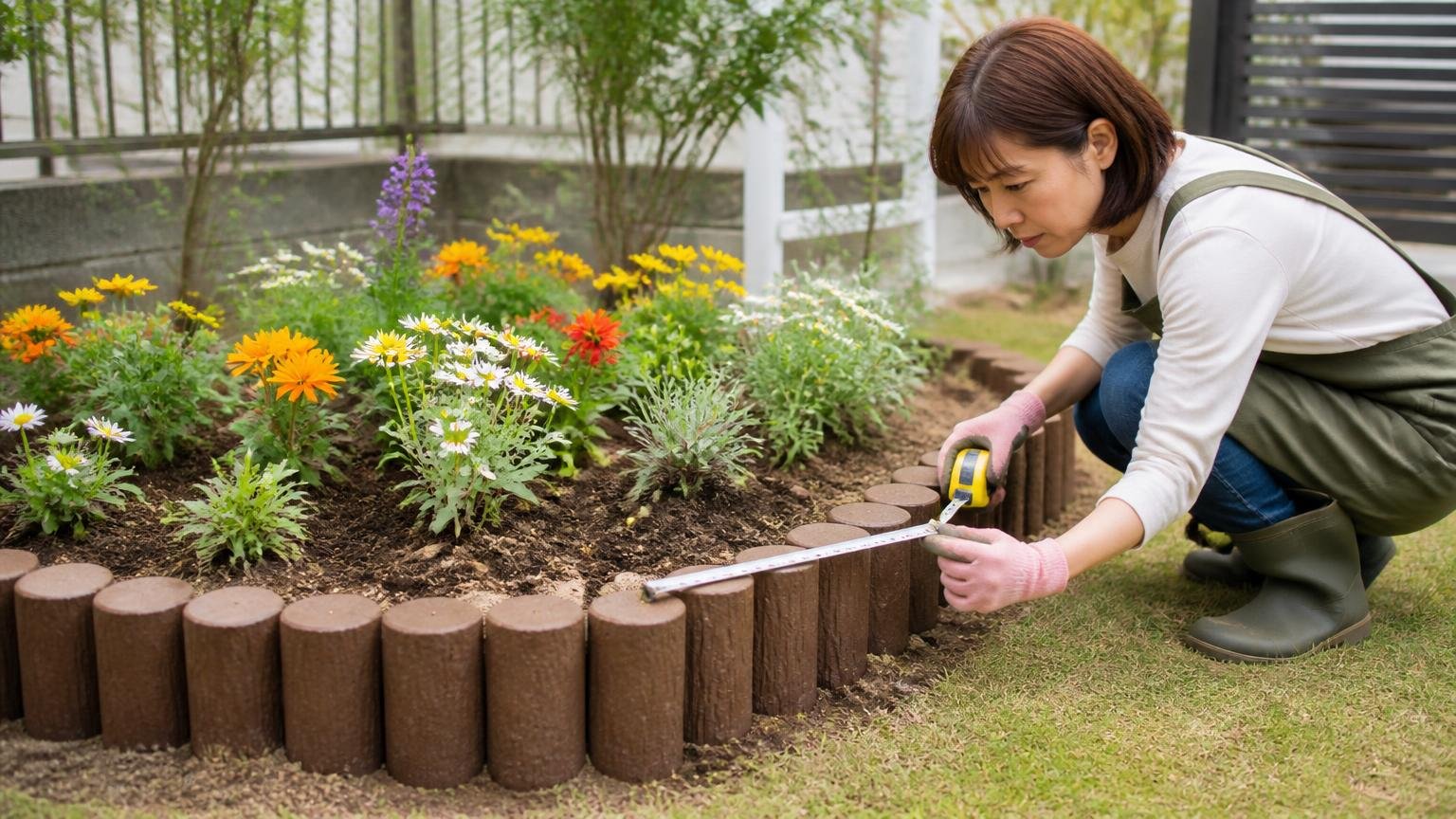 正しいのは囲うように埋める 間隔と深さと錠数 花壇の外周 女性1人 メジャーで間隔を測る