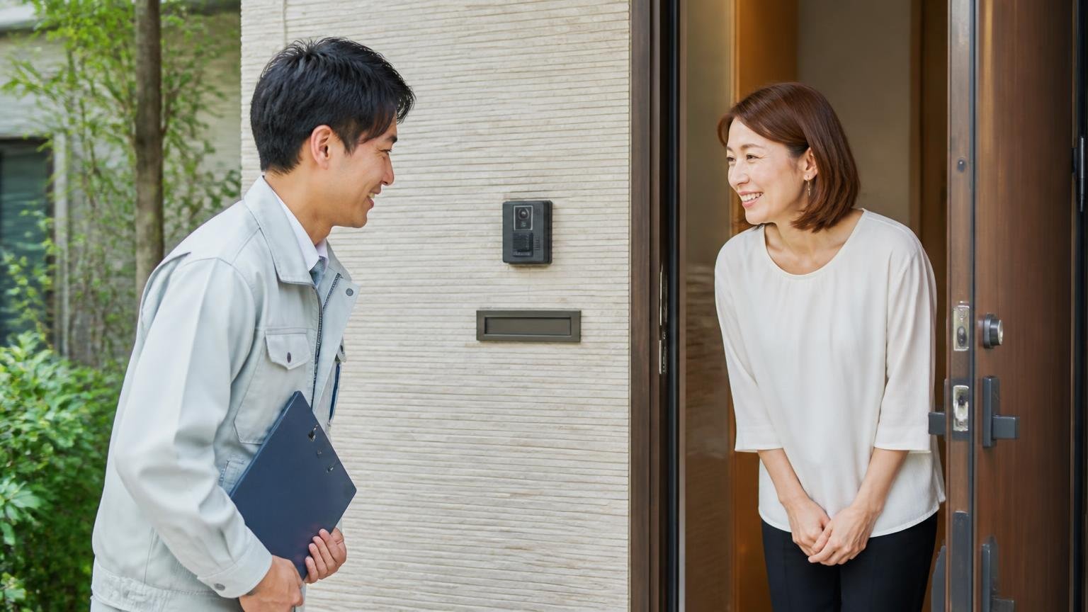 調査だけで終わった人の声を探す。住宅の玄関先で作業員1人と住人女性1人が笑顔で会釈する