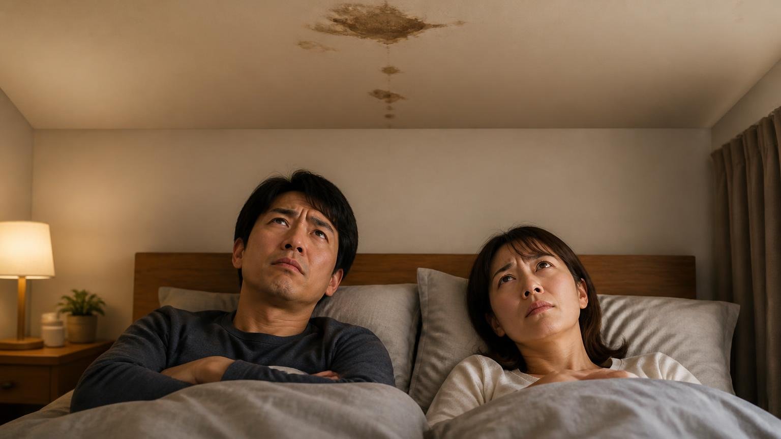 フンが落ち続け音がする段階は向いていない。夜の寝室で夫婦2人が天井を見上げ表情を曇らせる