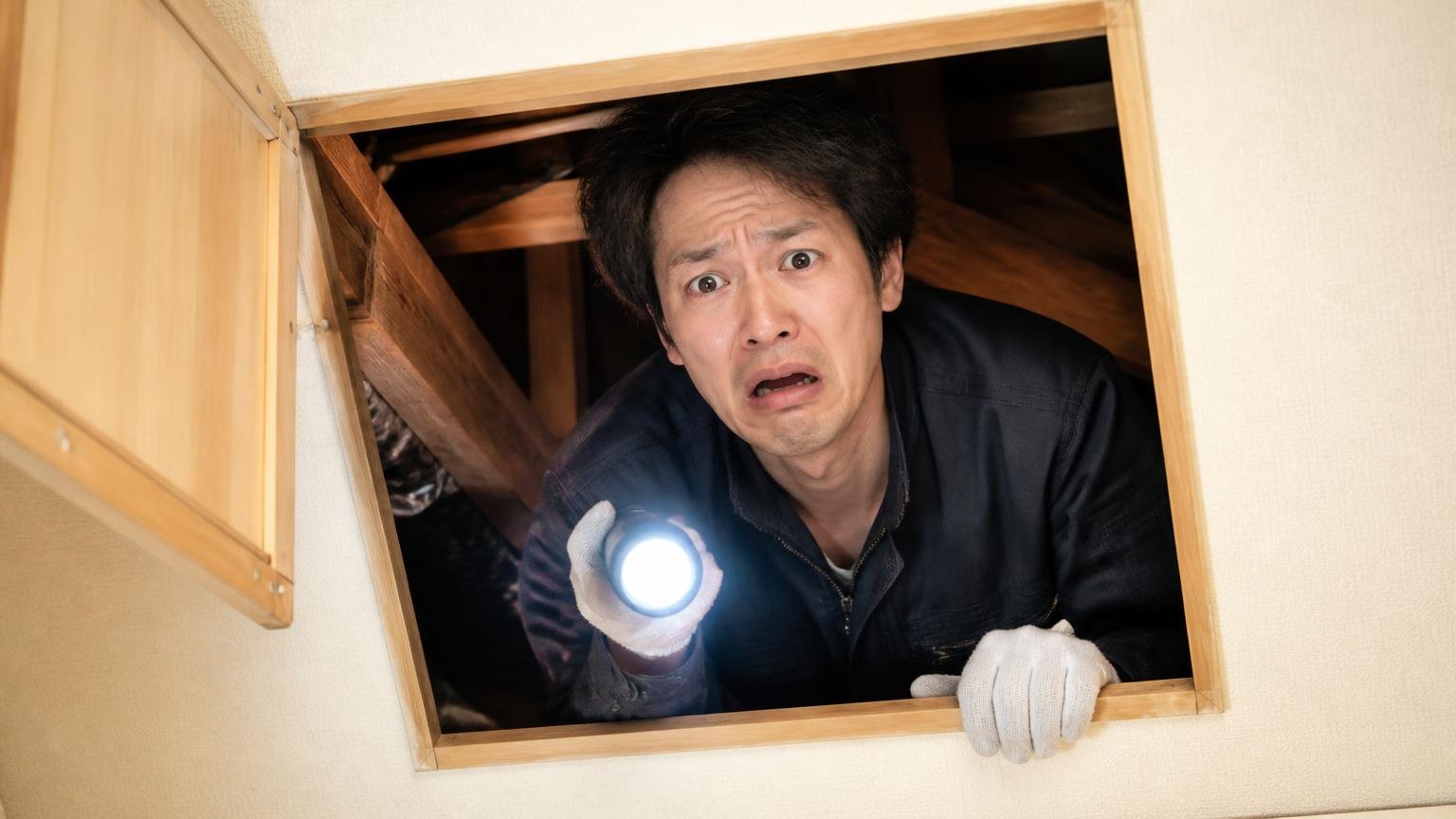 テグスでは届かない家のサイン|木造戸建ての天井裏の点検口|男性1人が懐中電灯を手に顔をこわばらせる