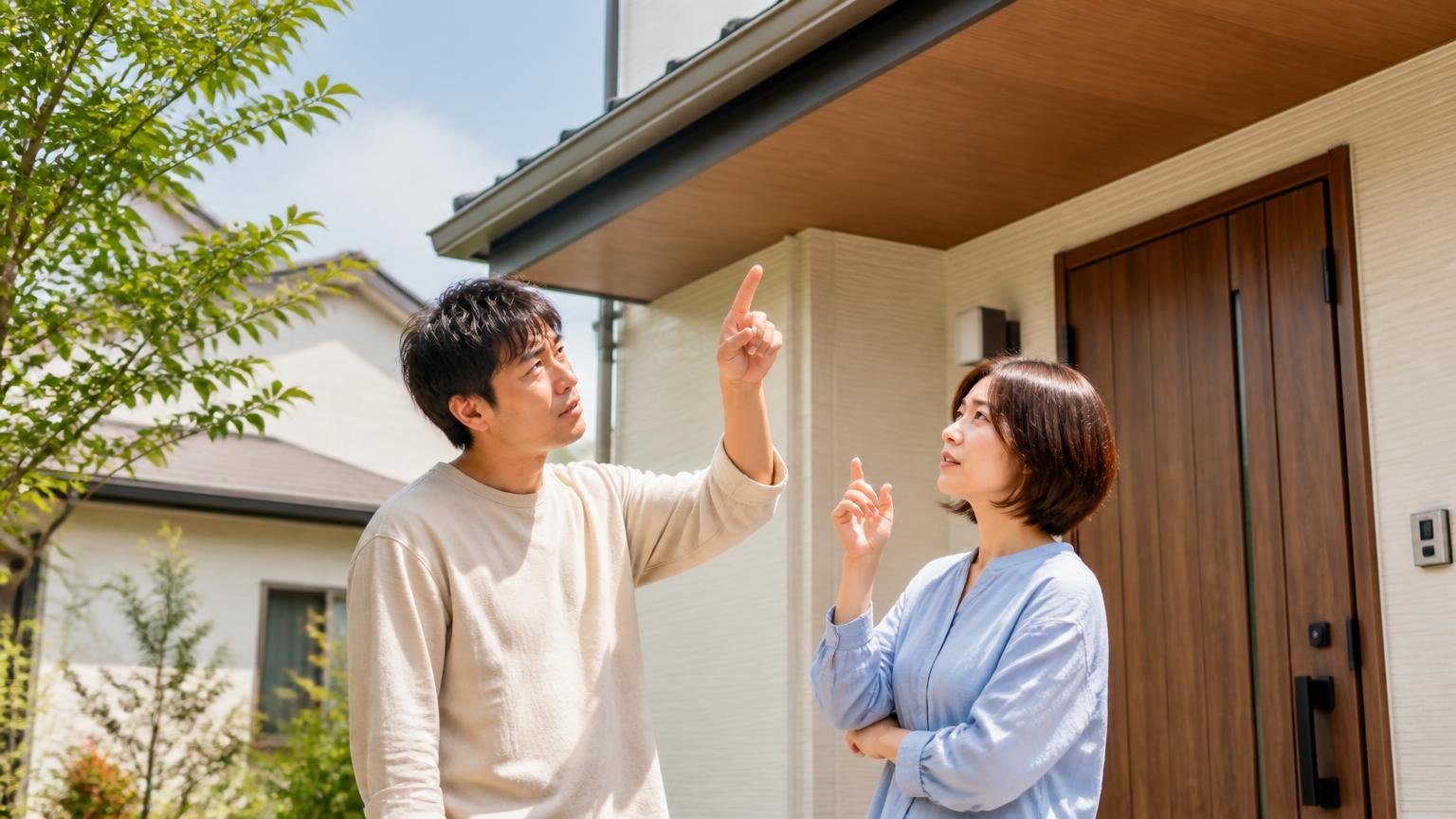 許可がいること・いらないことを整理|自宅の玄関前で男女2人が屋根の軒下を指さし話し合う