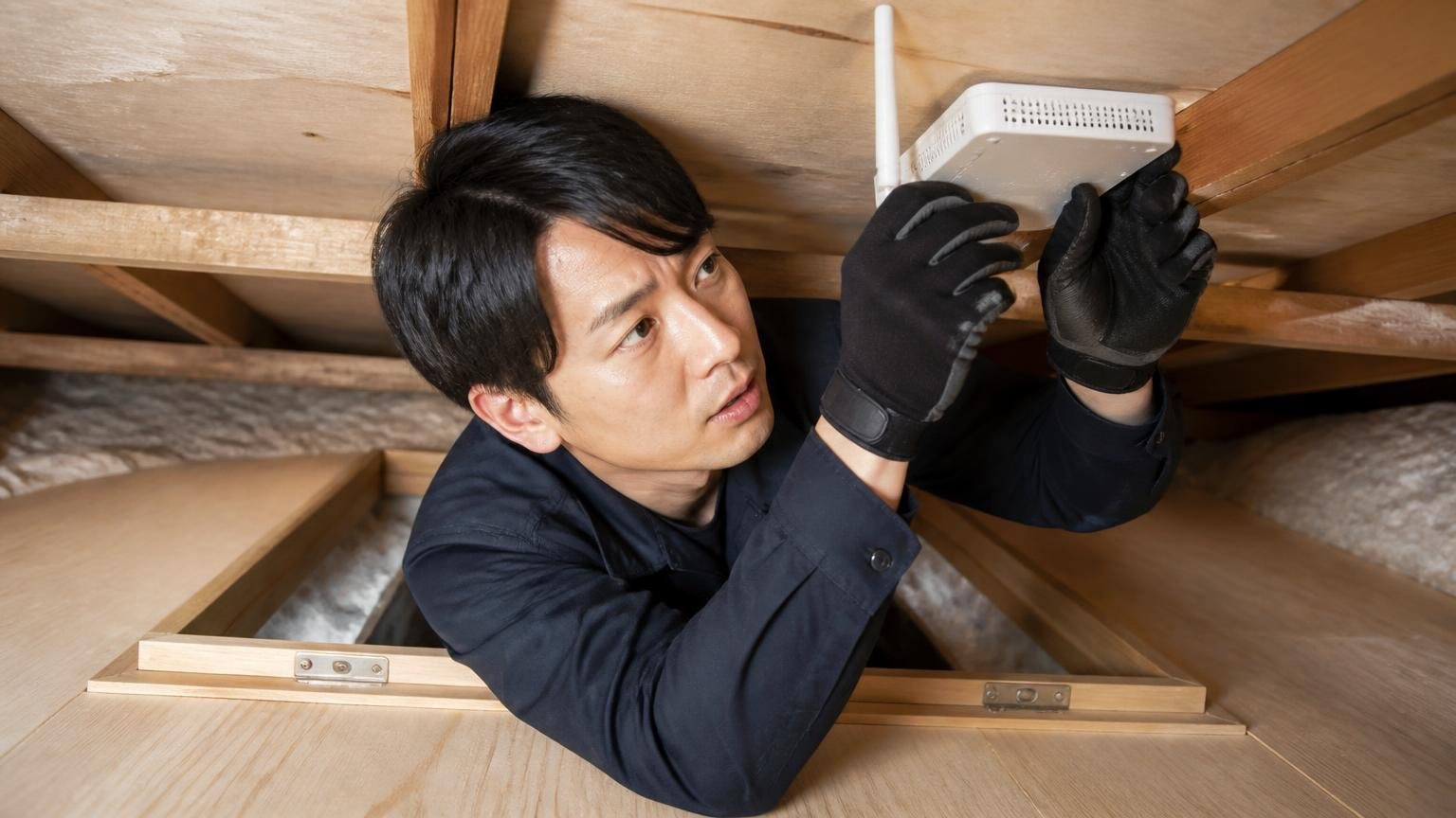 置き場所を変えて結果が逆転した場面。木造戸建ての天井裏の点検口近くで機器の向きを直す30代男性