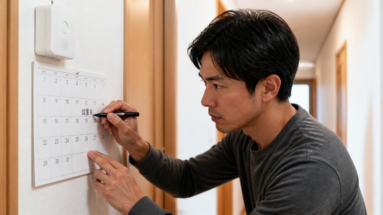 効果を実感した人の共通点 木造戸建ての廊下でカレンダーに設置日を書き込む30代男性が真剣な表情