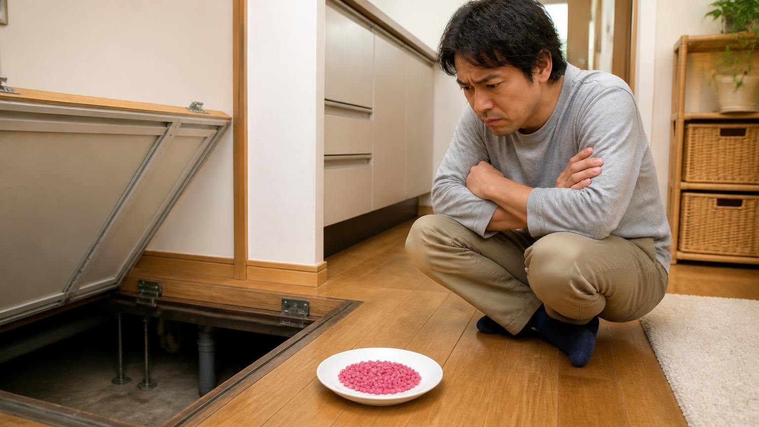 薬剤が効きにくい個体がいる 住宅の床下収納まわり 住人1人 減らない毒餌の皿を前に腕を組んで考え込む