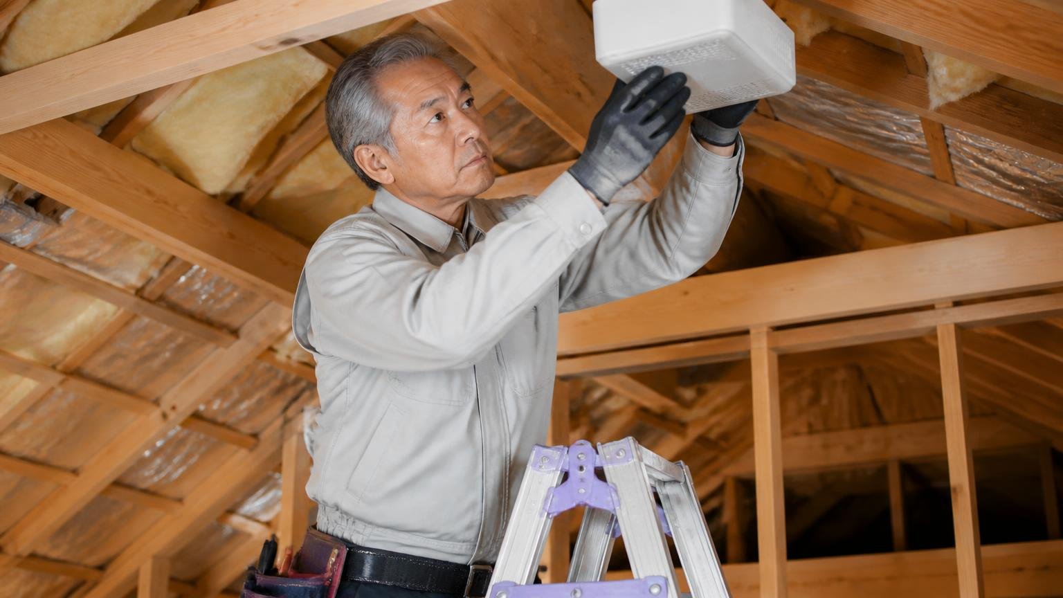 効果が出るまで数週間。住宅の天井裏で脚立に立ち機器を高い位置に設置する60代男性が慎重な表情