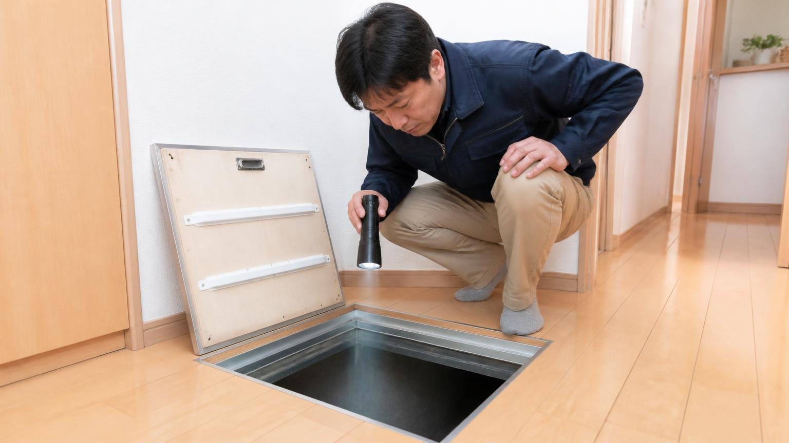 床下に出るのに床上へ設置した｜住宅の床下点検口の前でしゃがむ男性1人が懐中電灯で中を照らす