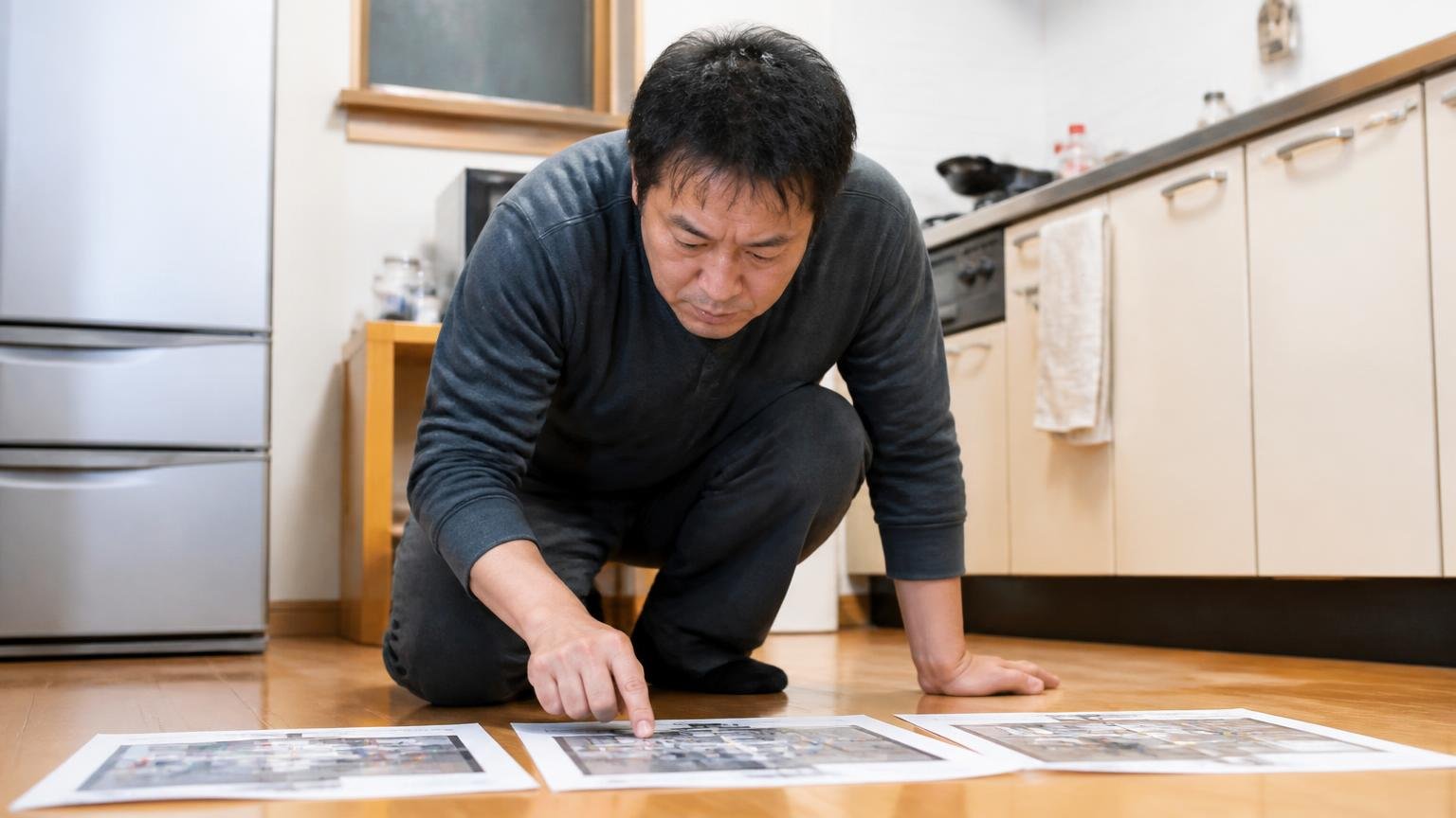 捕れた人が守っていた3つの条件。台所の壁ぎわで男性1人が複数枚のシートを並べ真剣に位置を確認
