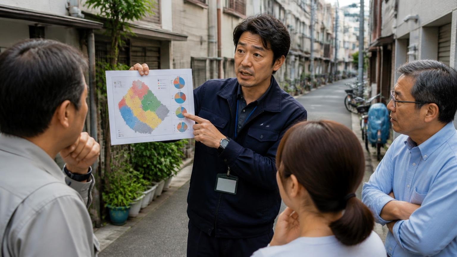 東京の調査が示す抵抗性クマネズミの割合は場所で全然違う、住宅街の路地で40代男性が資料を手に地域差を説明する