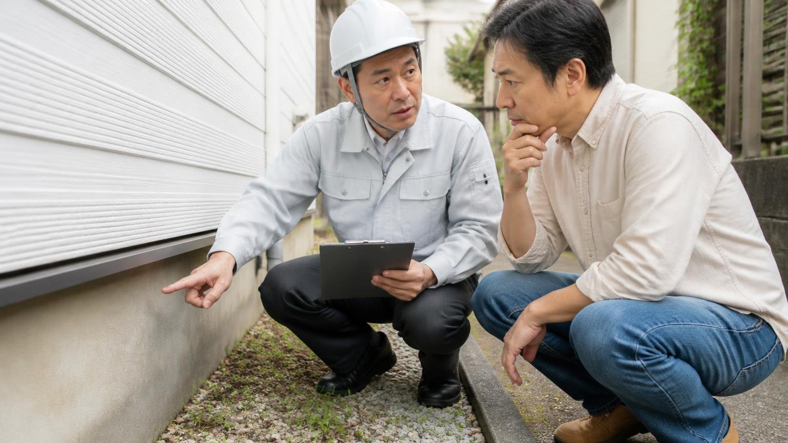 ネズミ以外は自分で捕まえられない|家の外壁まわりで点検する作業員1人と住人1人が真剣に話し合う