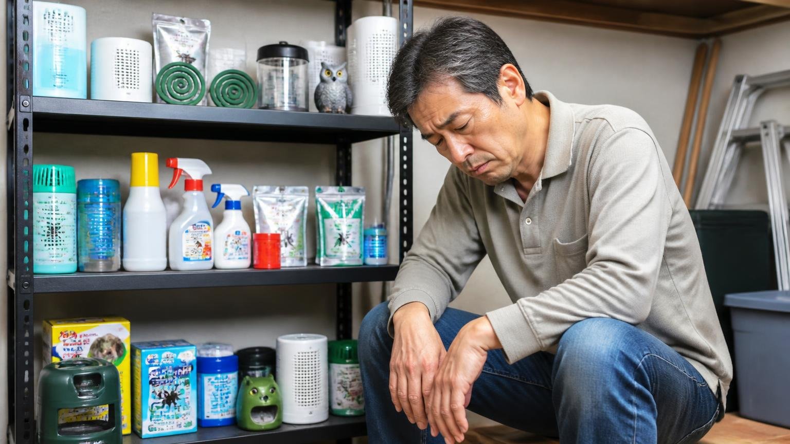 いろいろな対策グッズを試して疲れた住人 住宅の物置で棚に並ぶ忌避グッズを前に 50代男性が肩を落とす