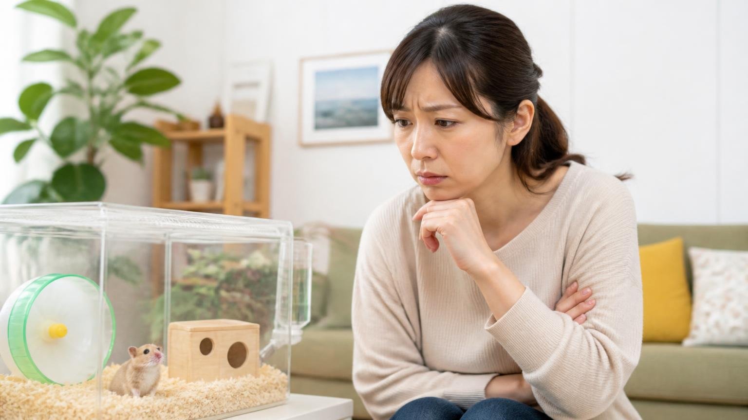 ペットのいる部屋では使えないと知る場面 住宅のリビングでハムスターのケージの前に立つ30代女性1人 心配そうな表情
