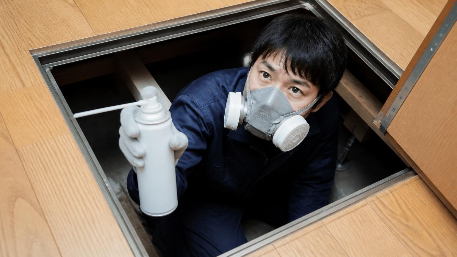 風が抜けない場所で使う・木造戸建ての床下点検口を開けたところ・作業する人1人・防塵マスク姿でスプレー缶を構える