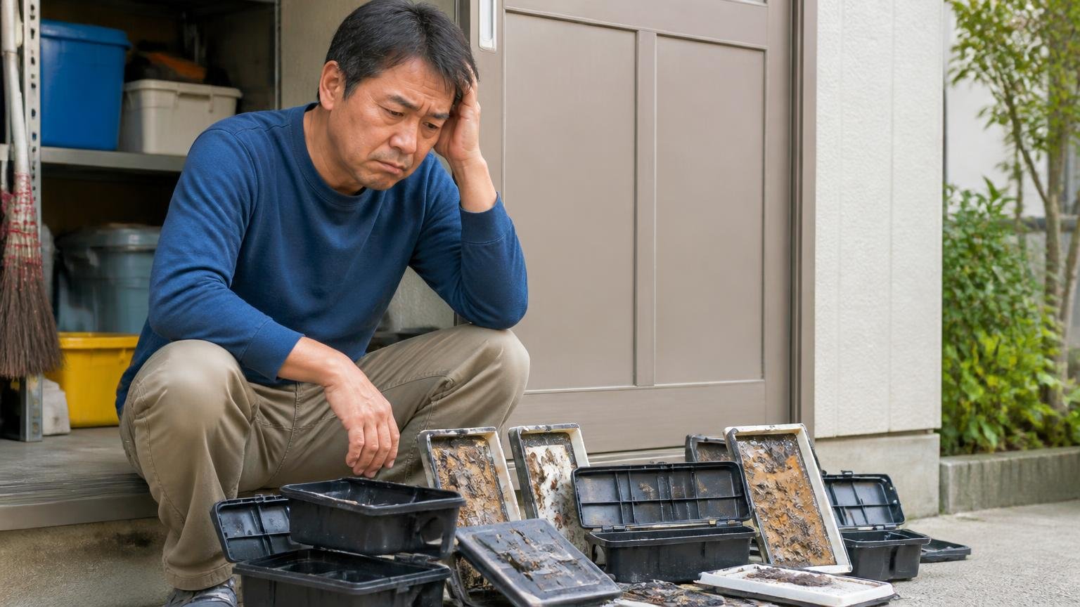 使い終えたネズミ対策グッズを前に考え込む場面 住宅の物置の前 40代男性が箱を並べてため息をつく表情