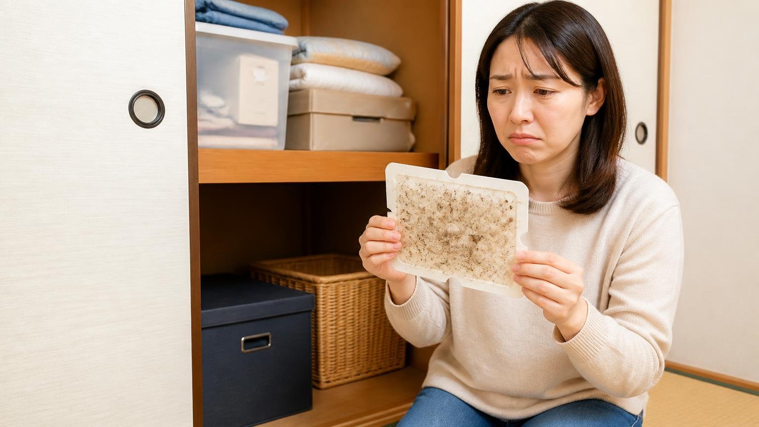 超音波器や粘着シートが効かなかった家でも結果。住宅の押し入れ前で30代女性が粘着シートを手に困り顔をしている
