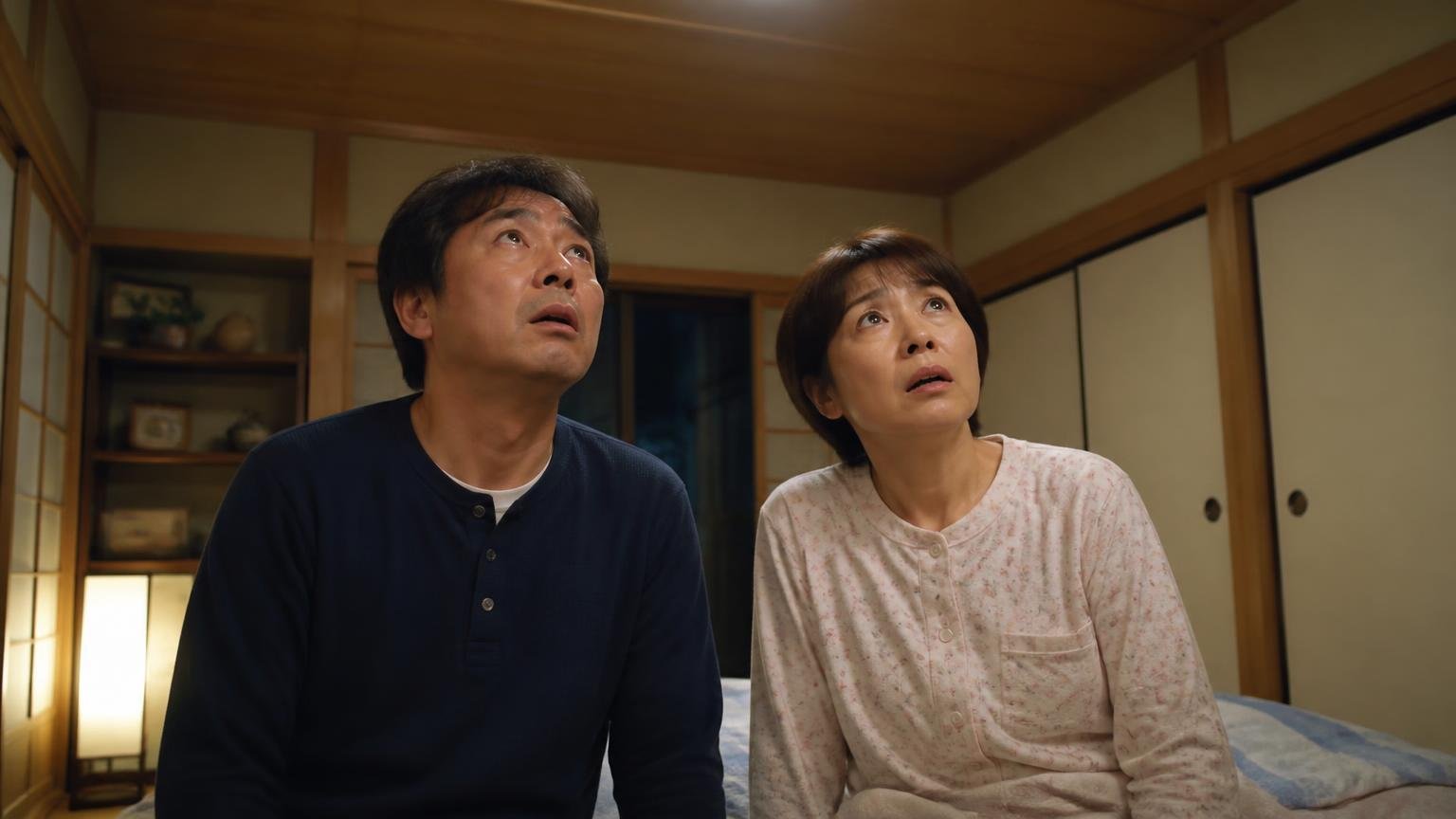 ネズミが匂いに慣れる問題。木造戸建ての夜の和室で、夫婦2人が並んで天井を見上げ、また音がしたと困惑した表情を浮かべている
