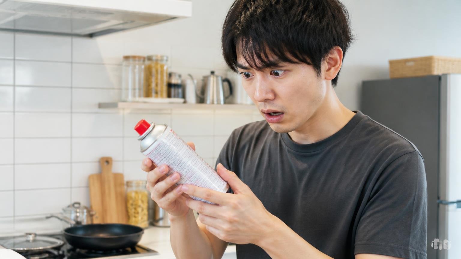40秒以上連続噴射しないでくださいの意味。台所で缶の注意書きを慌てて読み返す20代男性