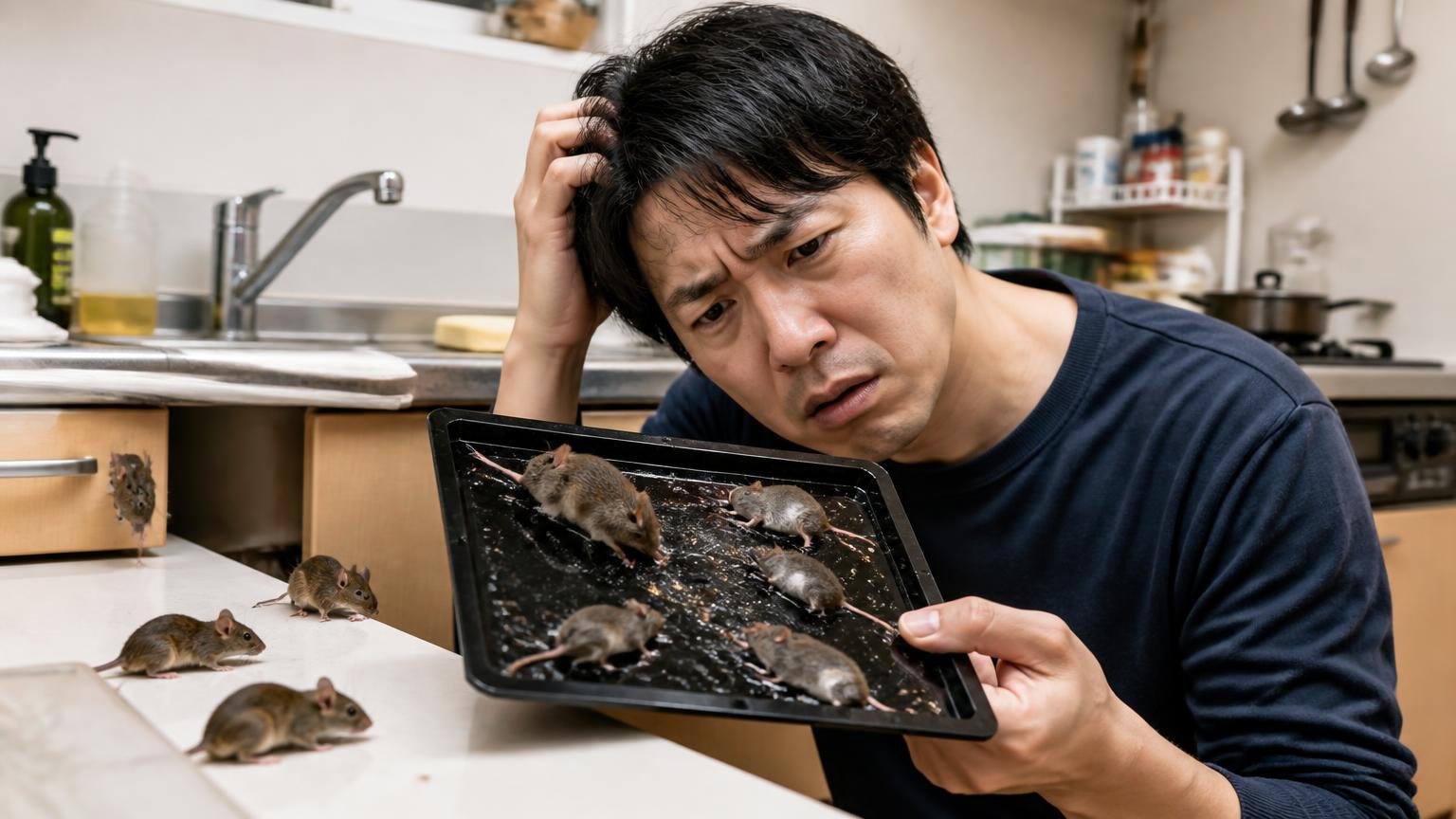 説明書どおりでも減らない声とネズミの種類。都市部の住宅の台所で男性1人がトレーを覗き込み首をかしげている
