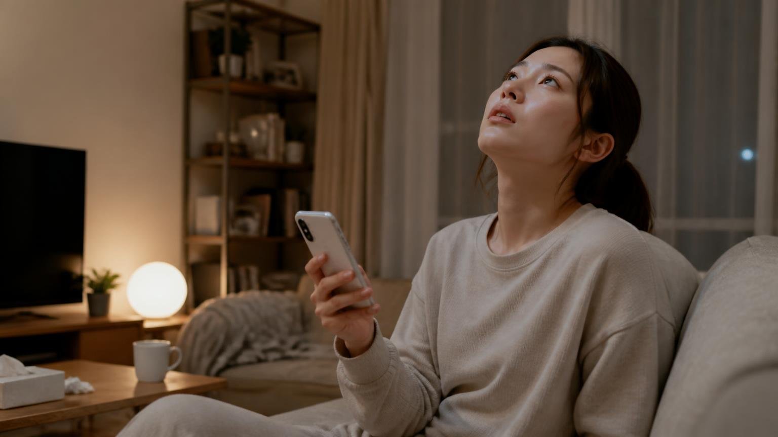 一時的に逃げたがいちばん判断を遅らせる|夜のリビングで天井を見上げてスマホを持つ|30代女性1人|疲れた表情で天井を見上げる
