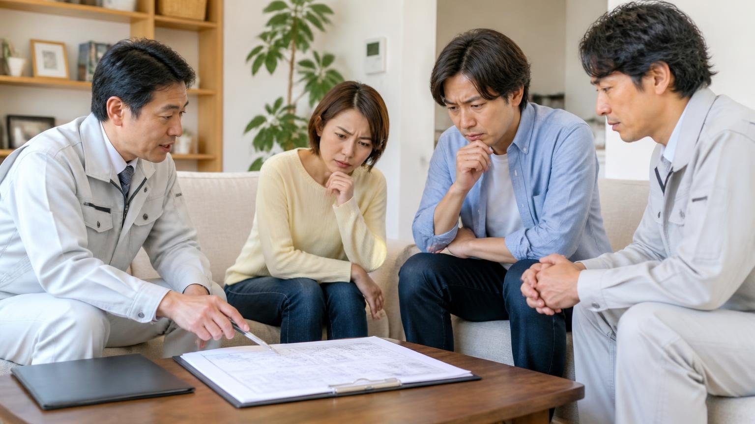 見積もりの説明がもう少し詳しければ予算を把握しやすかった。リビングで見積書を挟んで話し合う住人と作業員2人
