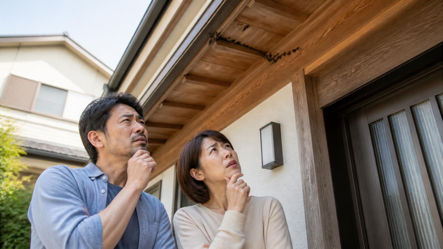 そのふんは本当にネズミのものか。木造戸建ての軒下を見上げる玄関前で住人2人が首をかしげる