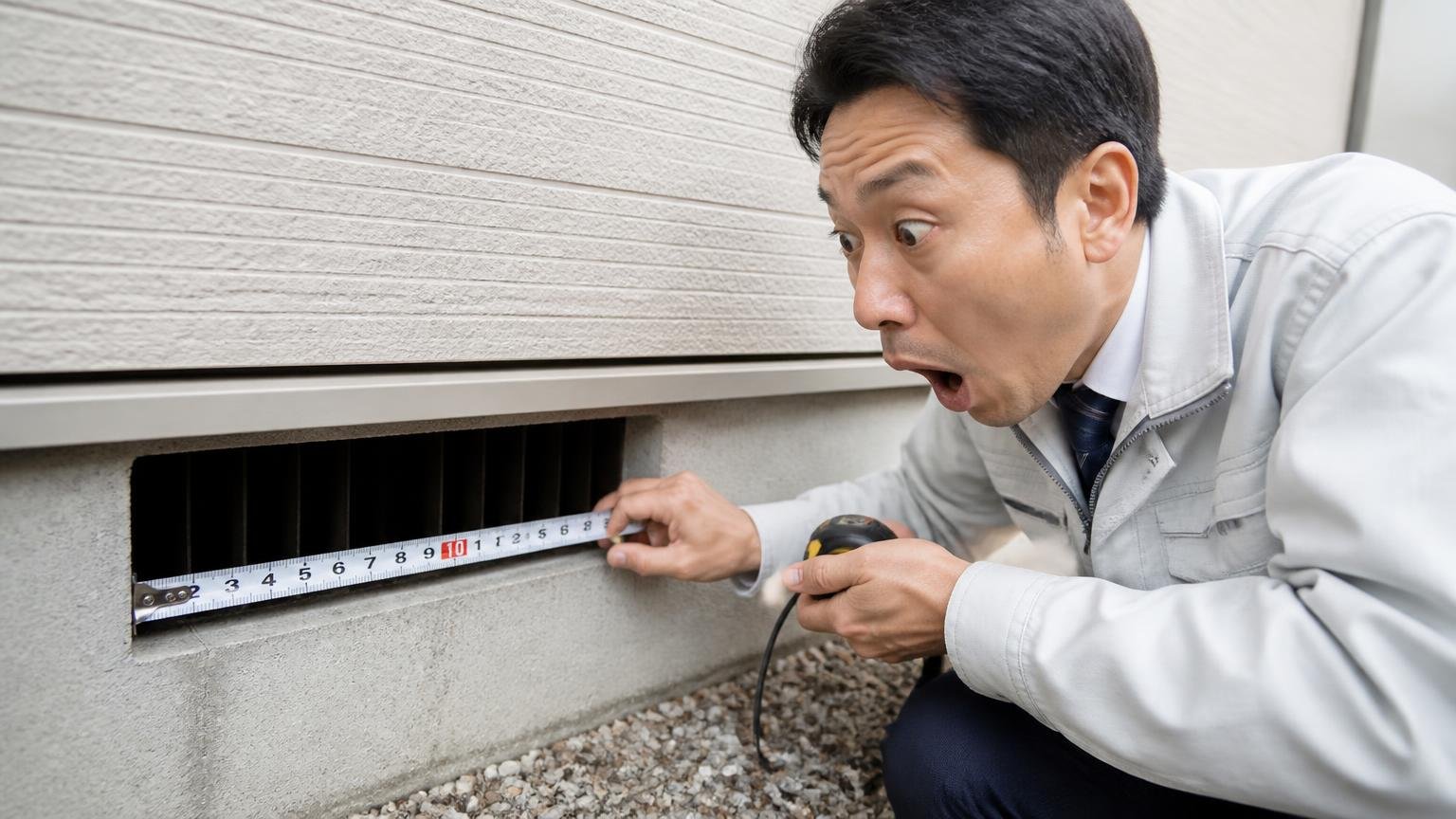 隙間の大きさから侵入口を逆算する 住宅の外壁まわりの通風口で点検 調査員1人 メジャーを当てて驚く