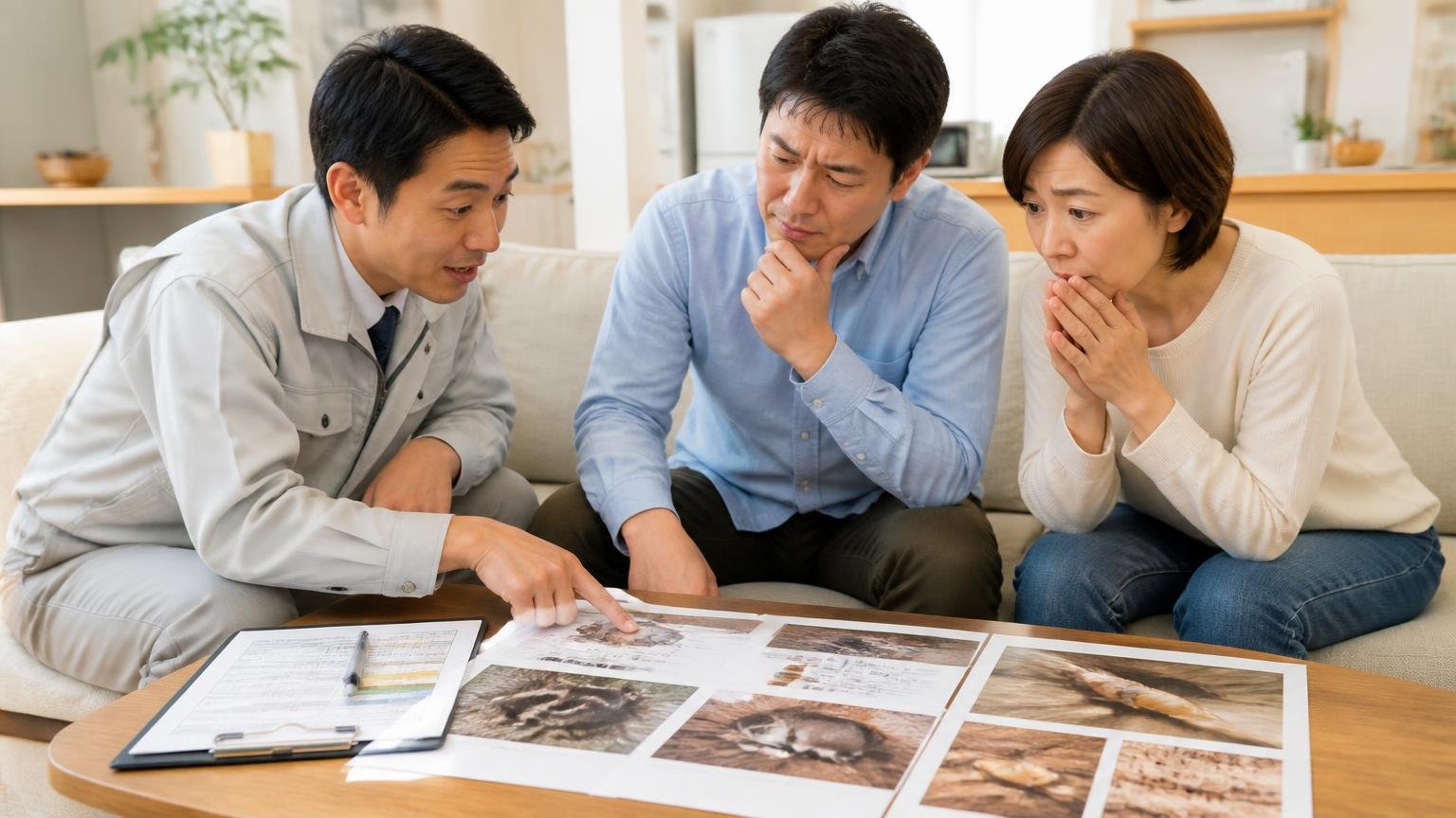 害獣とシロアリでは相談する業者が変わる。リビングで作業員1人と夫婦2人が資料を広げて相談する