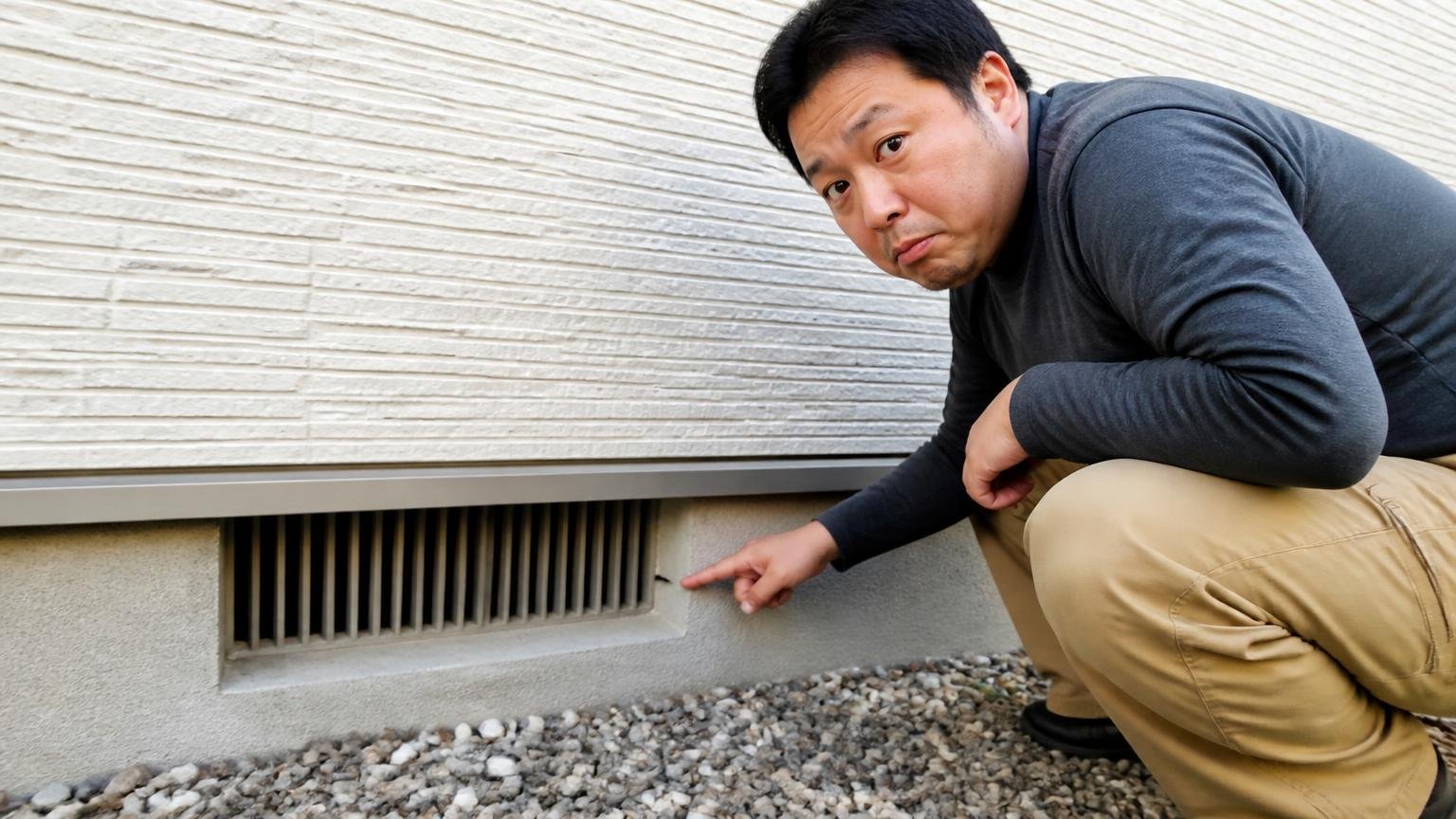 ふさぐべき隙間は1〜2センチ|家の外壁の通気口前でしゃがむ男性1人が隙間を指さす